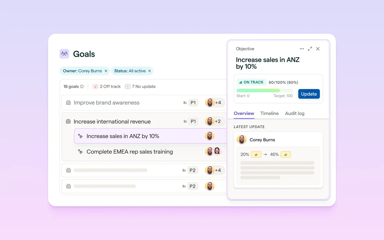 Lattice Goals platform UI showing goals and key results tracking interface.