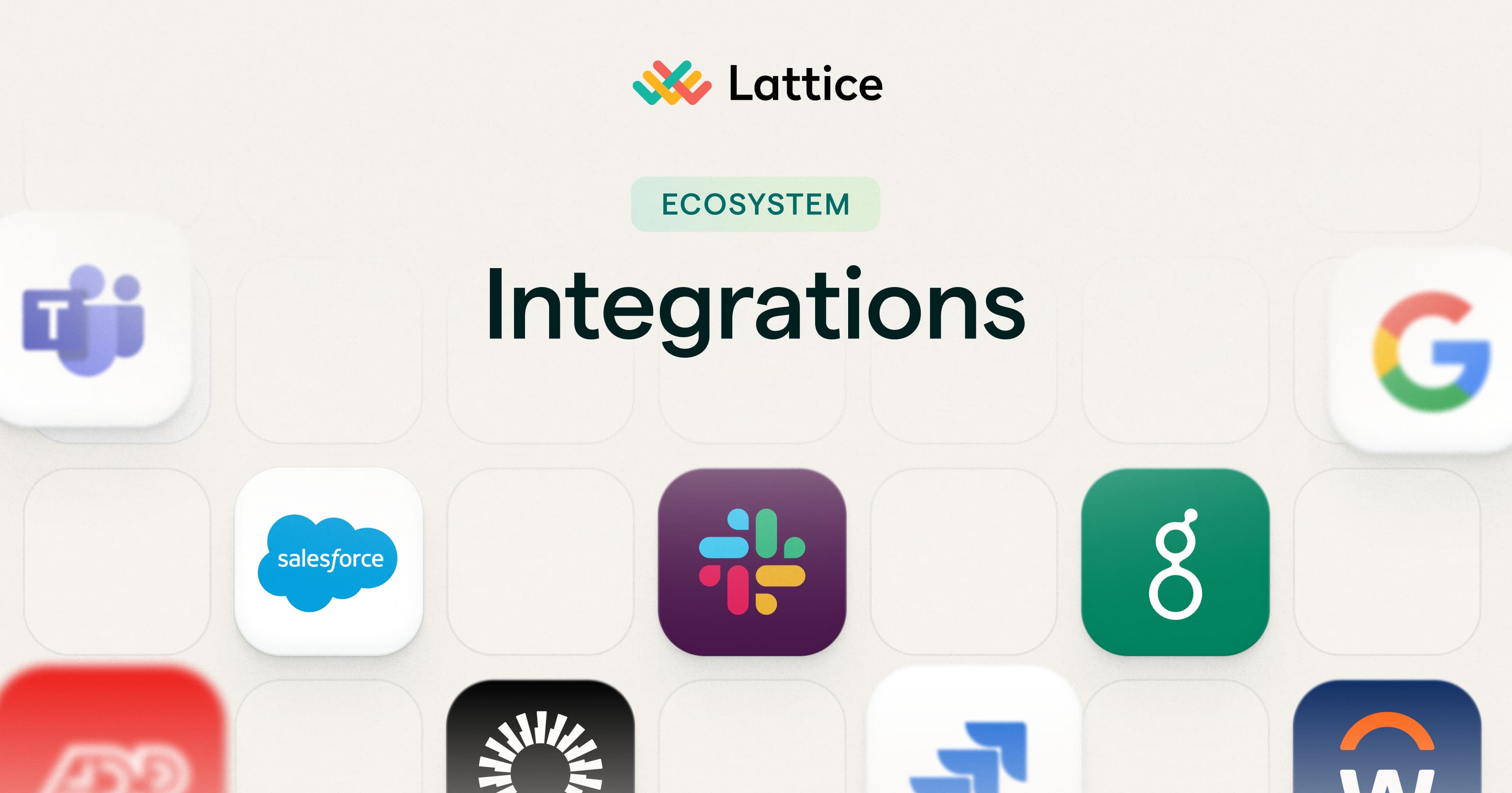 A grid of app icons representing Lattice's integration partners, including Microsoft Teams, Google, Salesforce, Slack, ADP, and others, with the Lattice logo and the label 'Ecosystem: Integrations' centered above.
