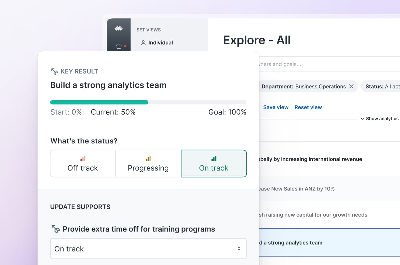 Dashboard window showing progress on key result 'Build a strong analytics team' with status options Off track, Progressing, and On track selected.