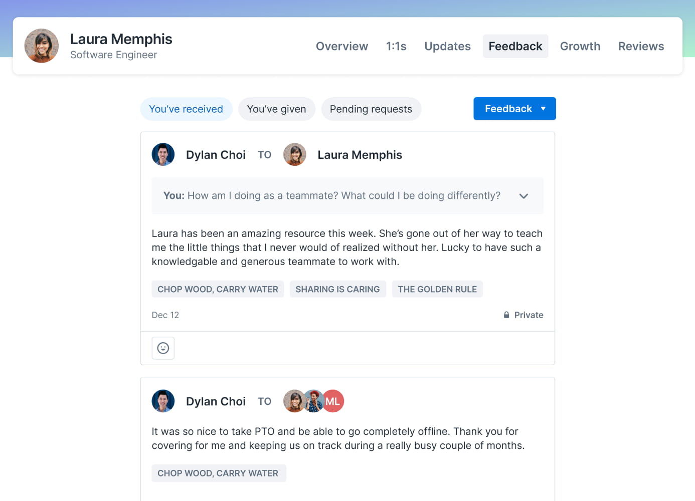 Employee feedback interface showing two comments from Dylan Choi to Laura Memphis with tags like 'CHOP WOOD, CARRY WATER' and 'SHARING IS CARING'.