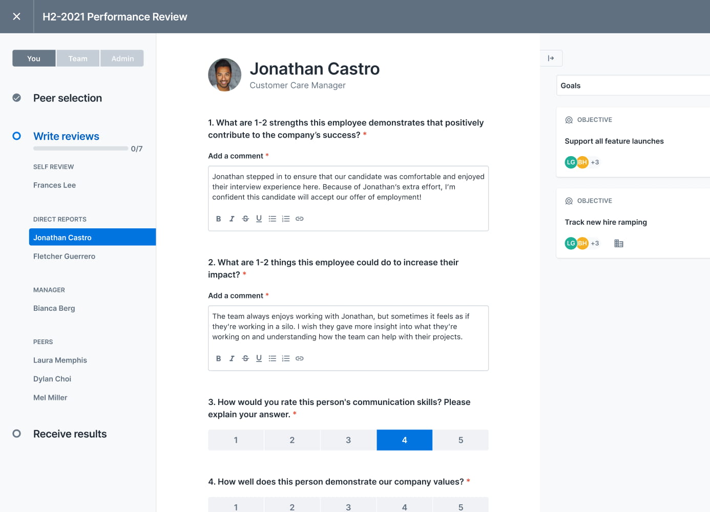 Performance review interface for Jonathan Castro, Customer Care Manager, showing peer selection, written review comments, and rating scales for communication skills and company values.