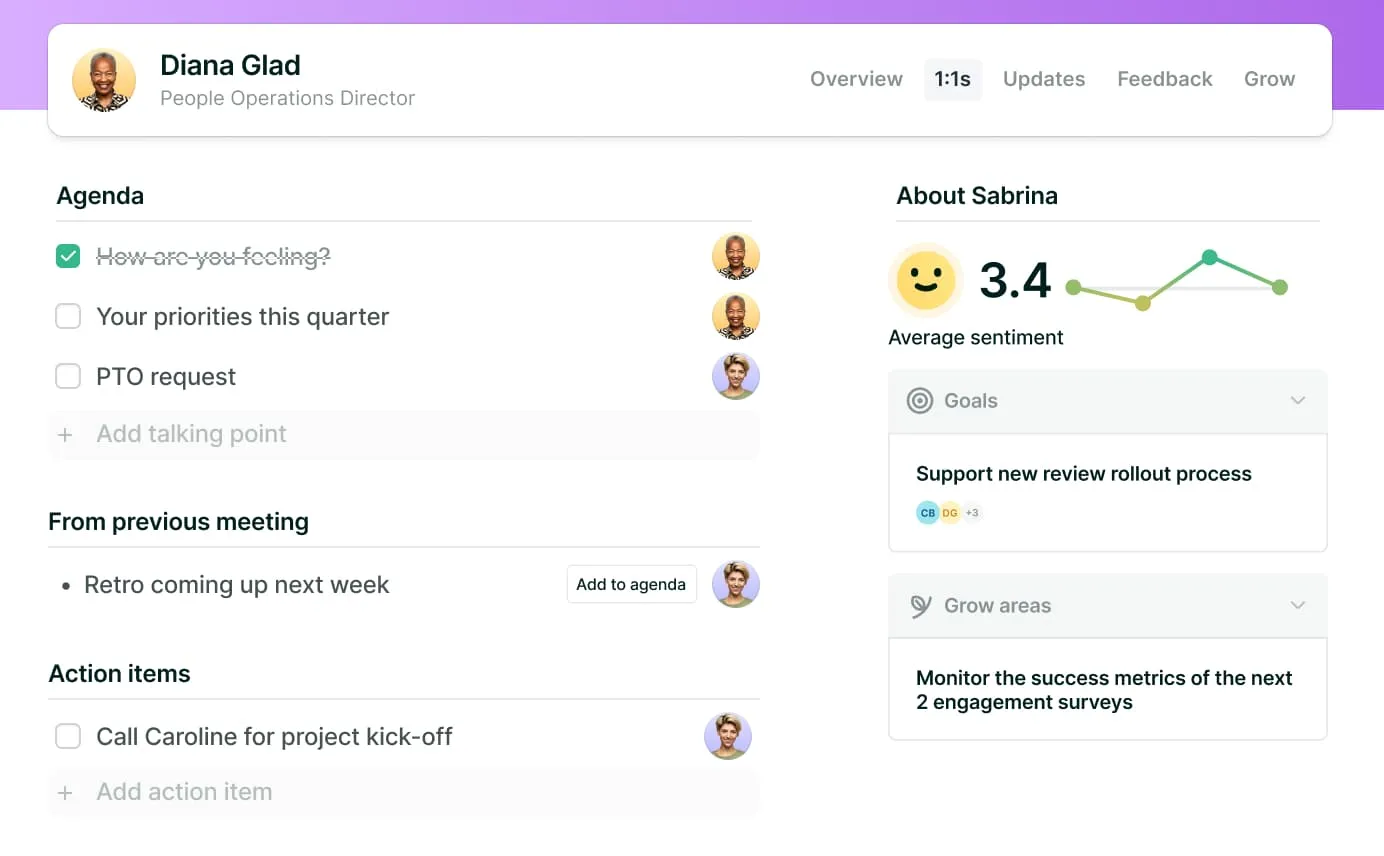 Meeting interface showing Diana Glad, People Operations Director; agenda with priorities and PTO request; action items including calling Caroline; and Sabrina's profile with average sentiment 3.4, goals, and growth areas.