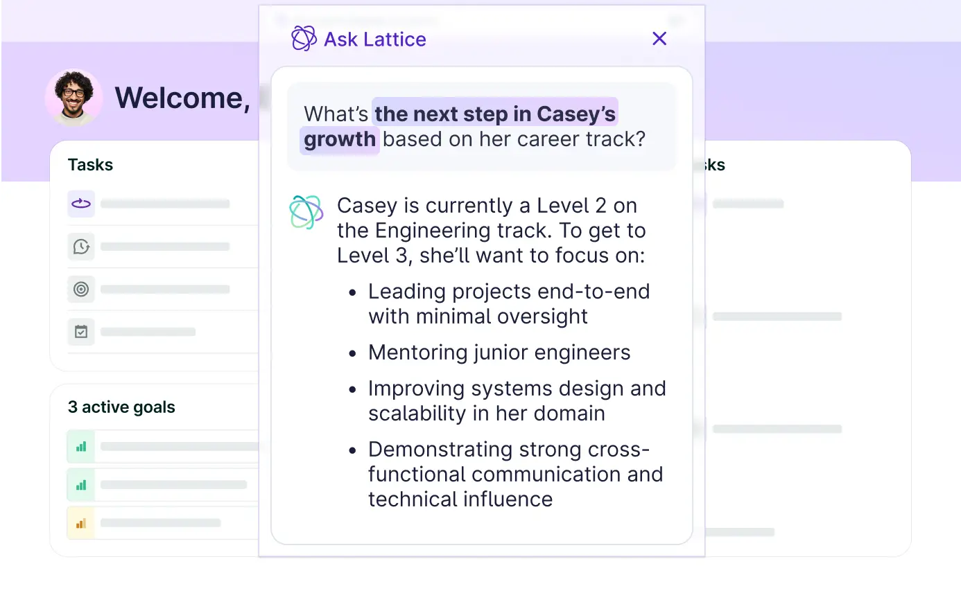 A question about employee Casey’s potential next growth steps based on her career track yields four context-aware suggestions from the Lattice AI Agent