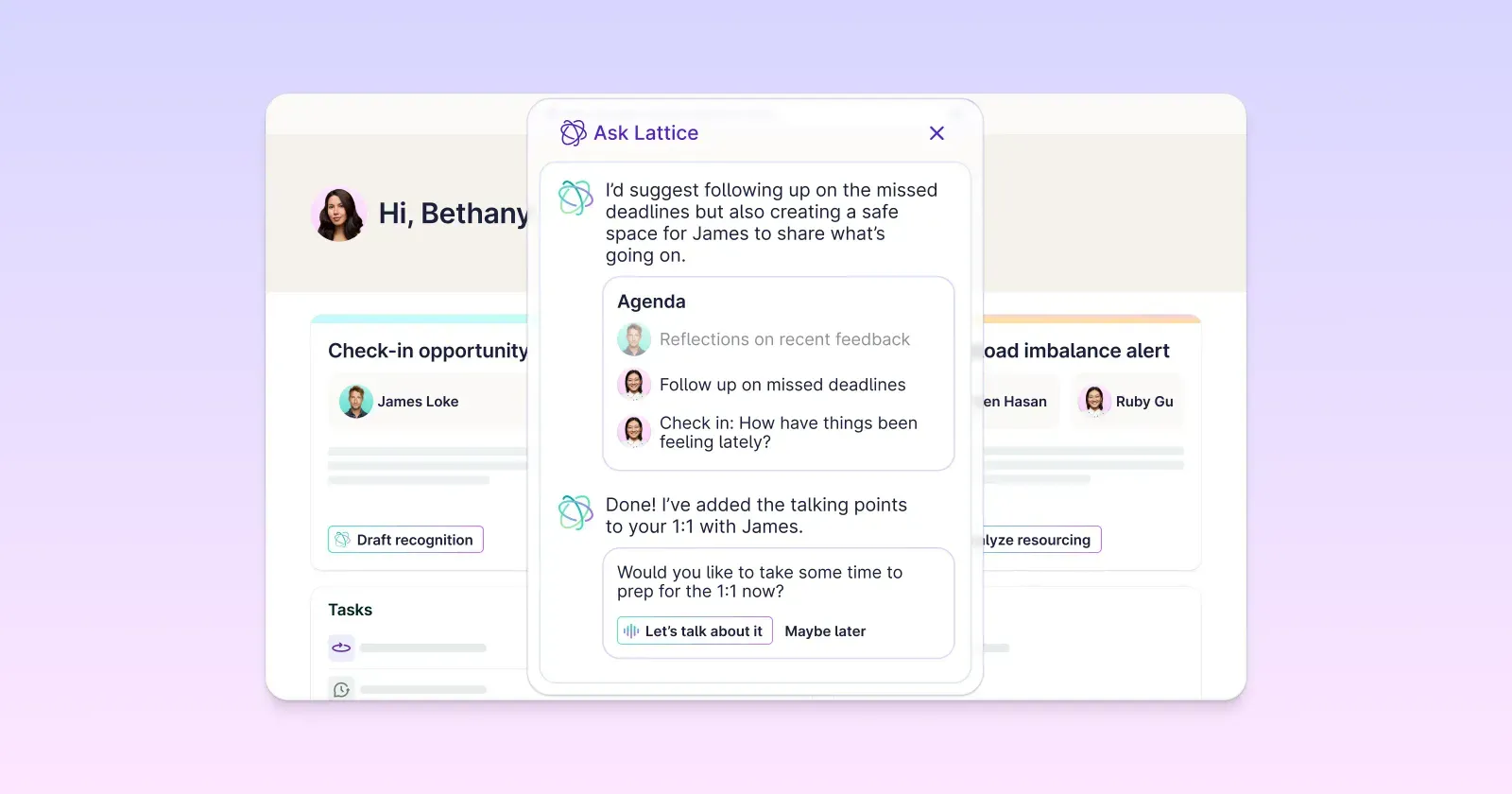 The Lattice AI Agent suggesting talking points for a manager’s one-on-one with employee James Loke, including following up on recent missed deadlines