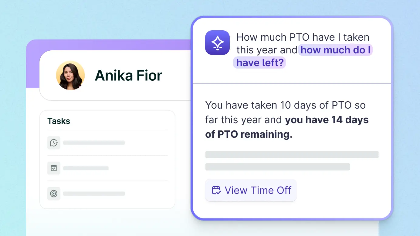 The Lattice AI Agent responding to employee Anika Fior’s question about PTO balance.