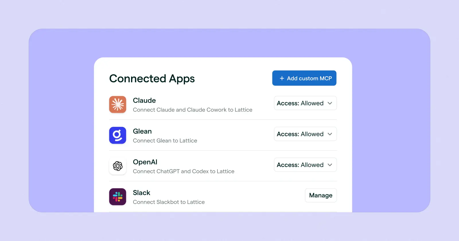 a list of AI apps that connect to Lattice via MCP, including claude, glean, openAI, and slack