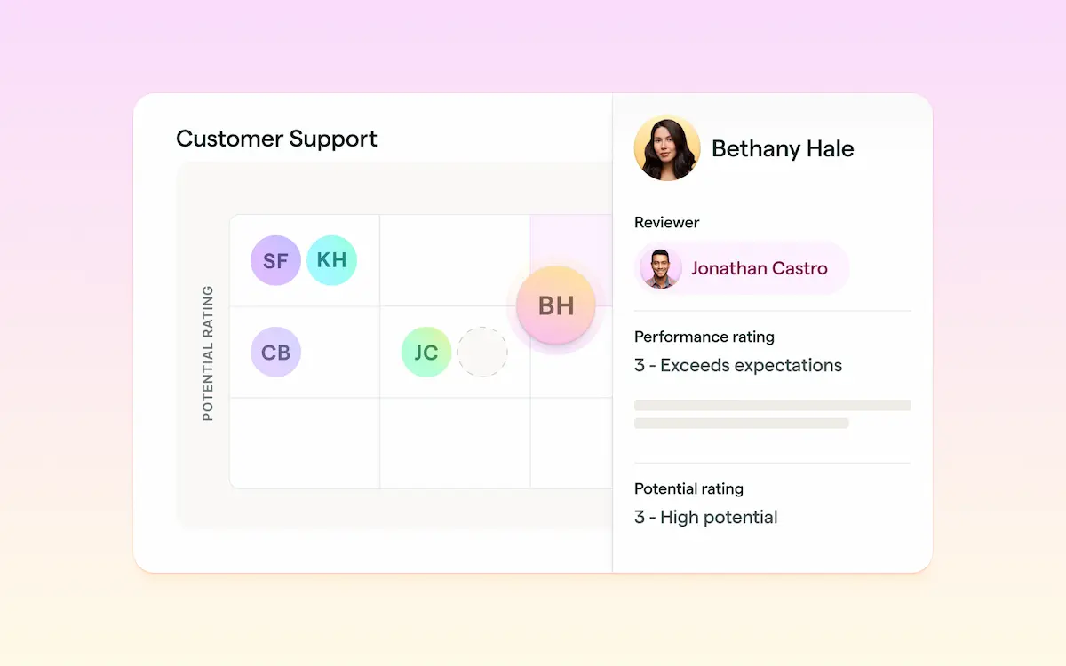 an HR user's view of Lattice Performance showing talent calibration of employees on a 9-box grid