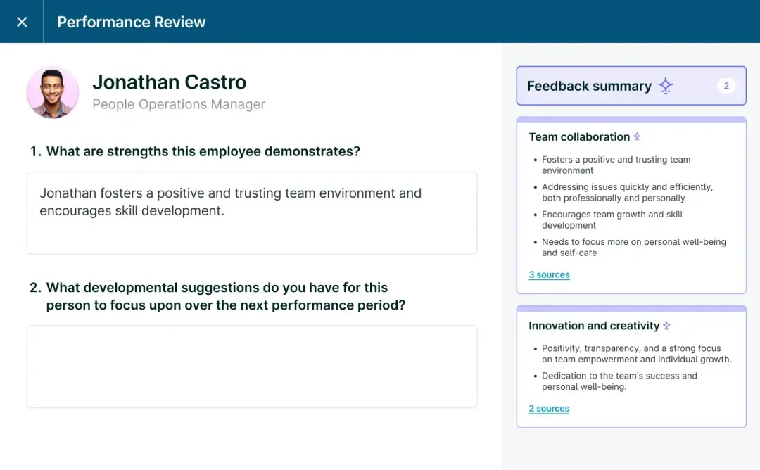 Lattice performance review window showing sidebar with AI-generated feedback themes: Team Collaboration and Innovation and Creativity, each with bullet points and source links
