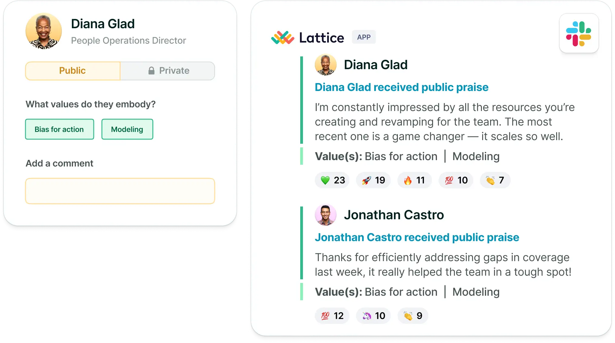 Lattice praise submission form alongside a Slack feed showing two public praise posts each tagged with company values