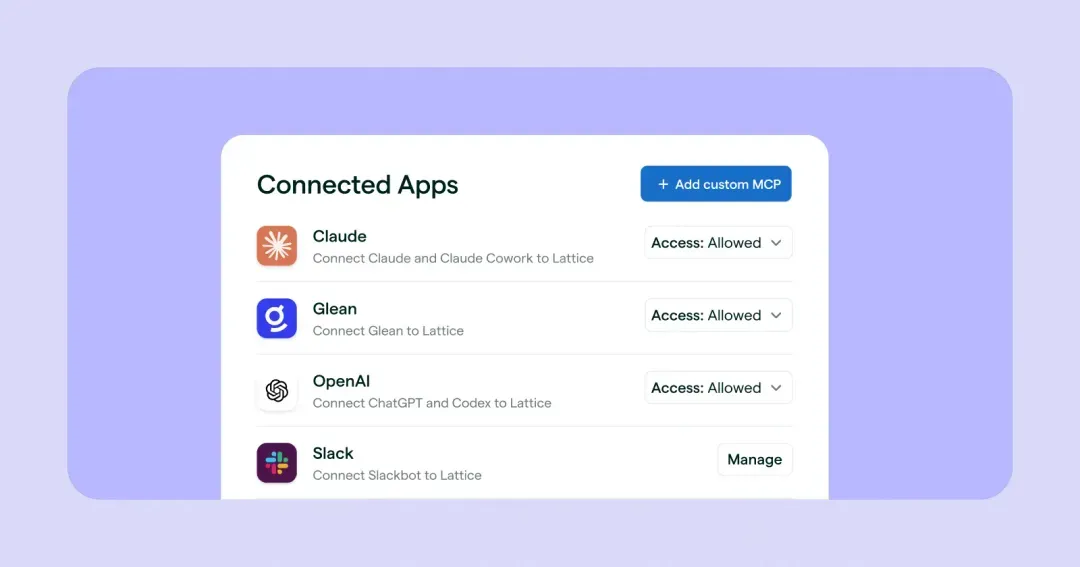a list of connected apps within Lattice MCP, including Claude, Glean, OpenAI, and Slack