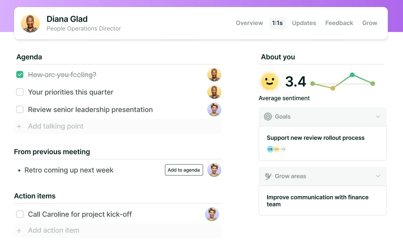 Meeting agenda and action items for Diana Glad, People Operations Director, showing checked item 'How are you feeling?', upcoming priorities, previous meeting notes, and average sentiment score of 3.4 with goals and growth areas.