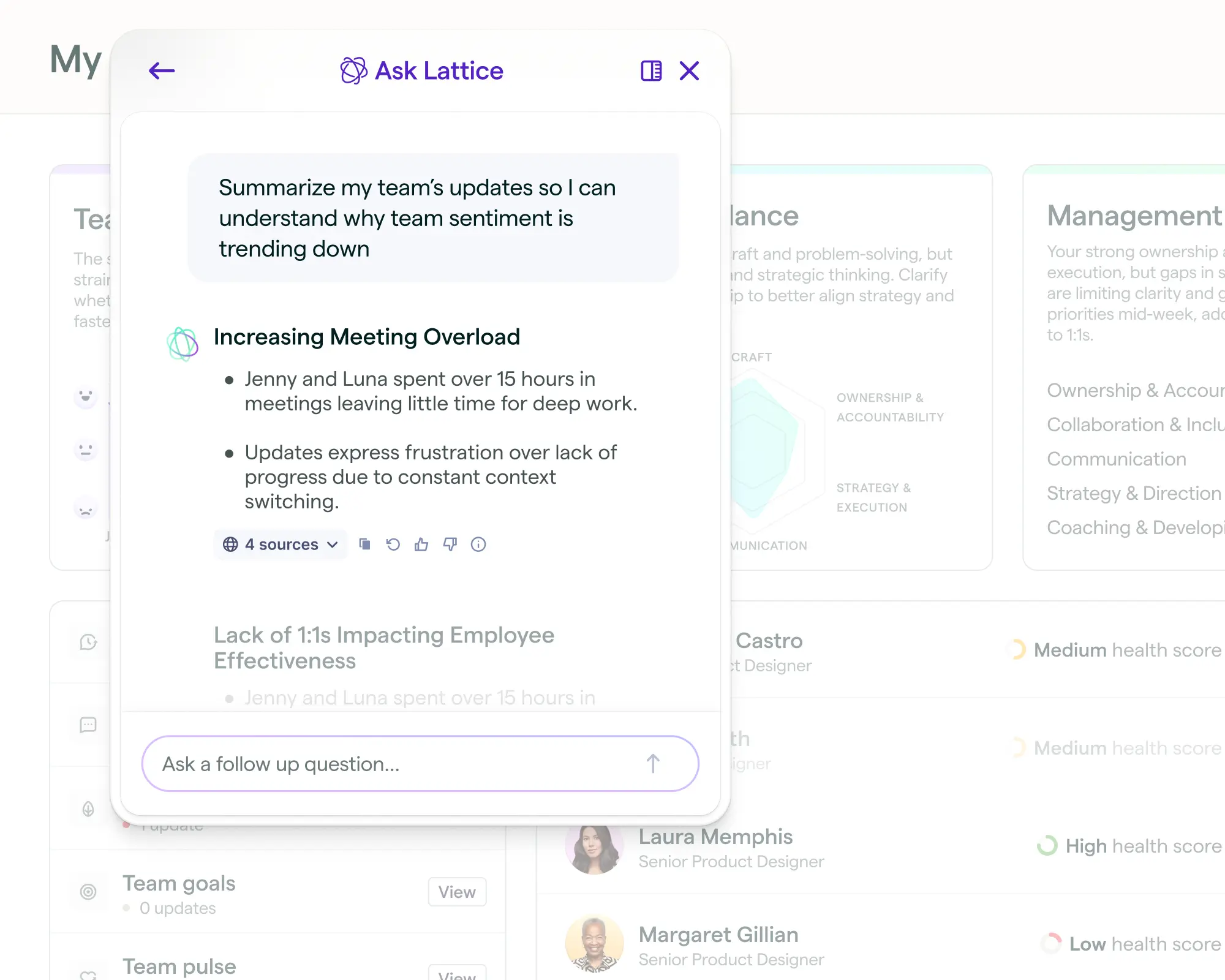 A screenshot of Lattice AI, showing a summary of team sentiment and analysis of why it’s trending down. 