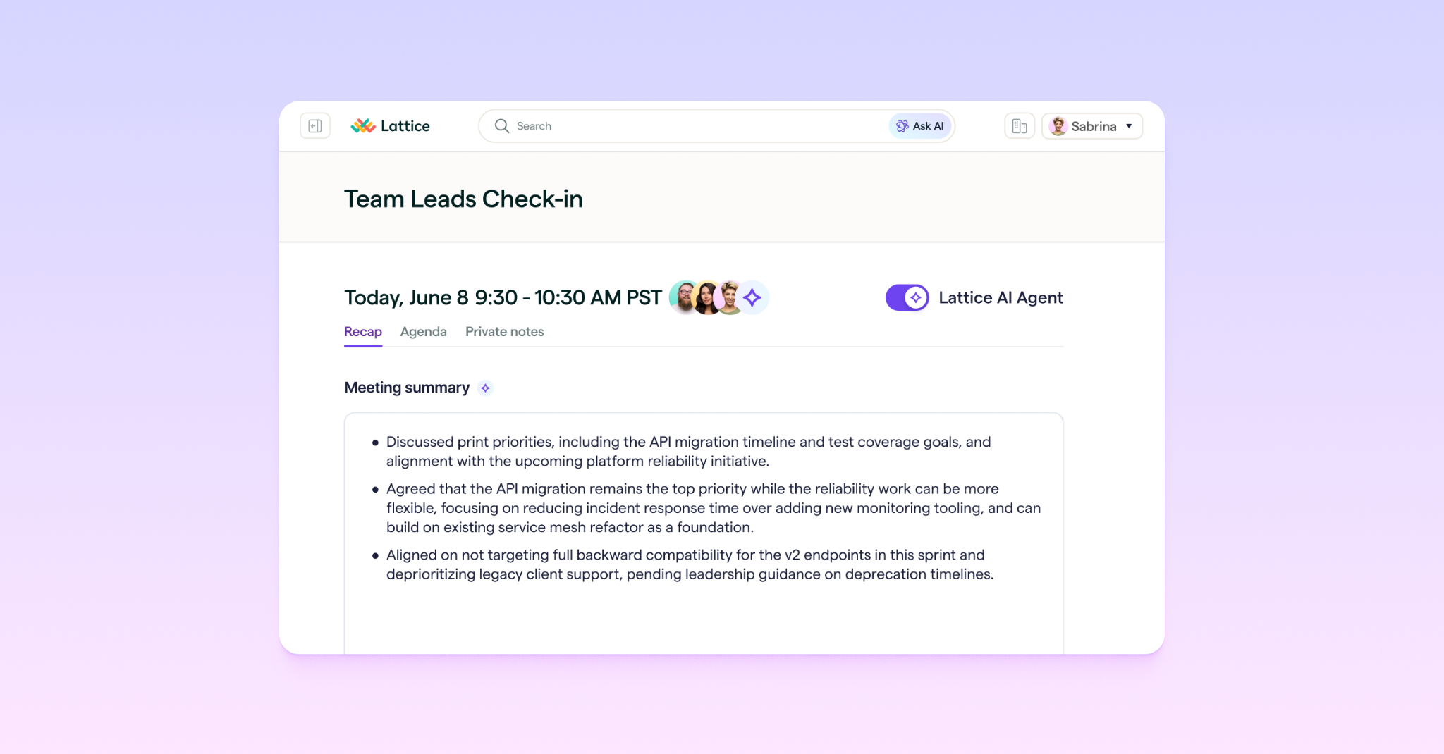 Screenshot of a Lattice web app showing a Team Leads Check-in meeting scheduled for June 8, 9:30-10:30 AM PST with three participant avatars and Lattice AI Agent enabled.