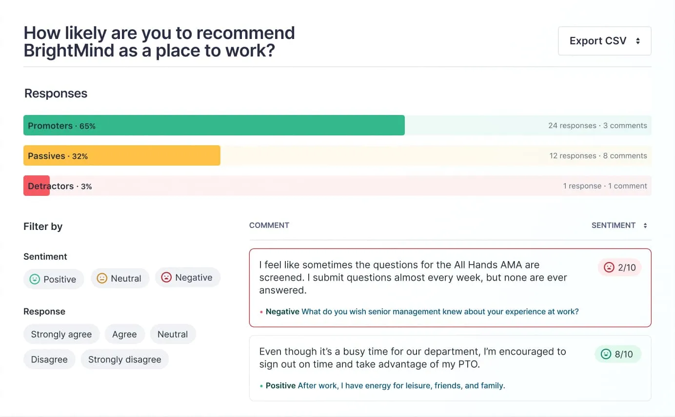  eNPS survey dashboard showing 65% promoters, 32% passives, and 3% detractors, with employee comments filtered by sentiment. 