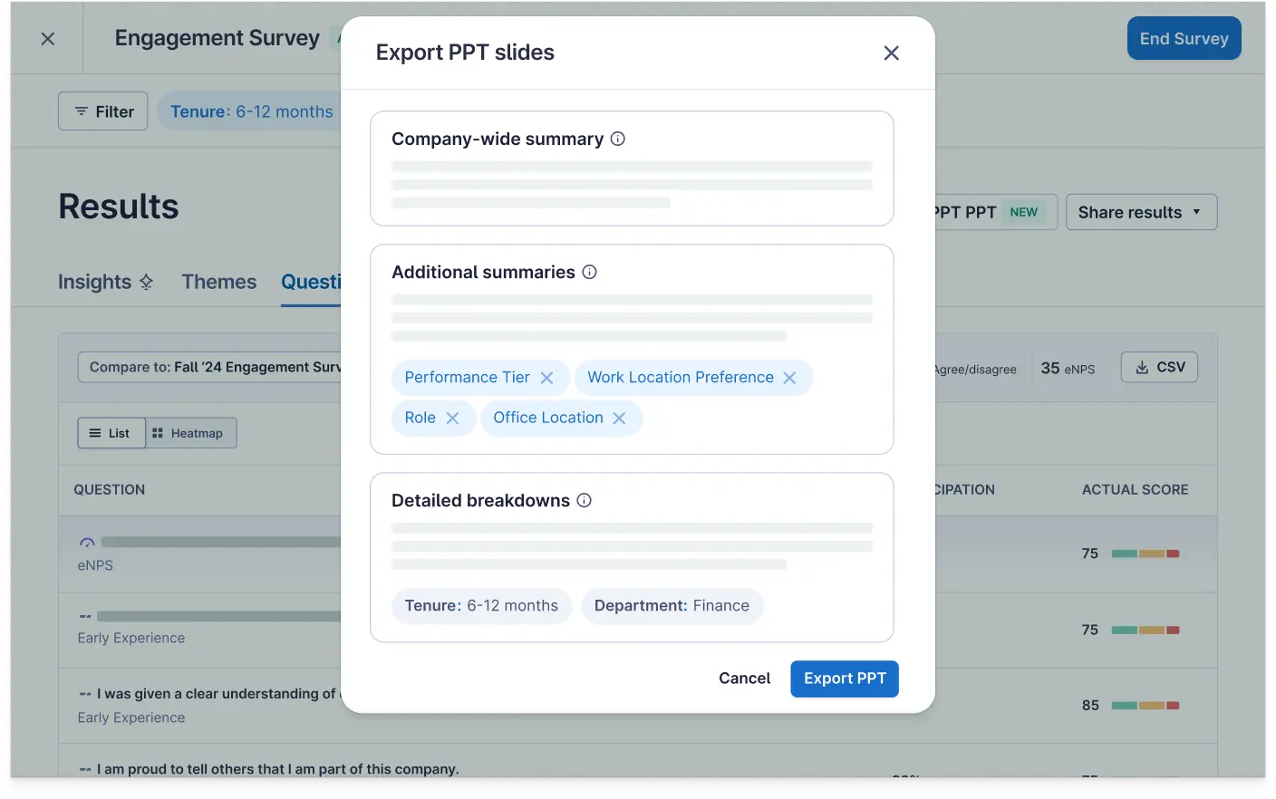 user's view of exporting powerpoint slides in lattice, including a company-wide summary, additional summaries, and detailed breakdowns