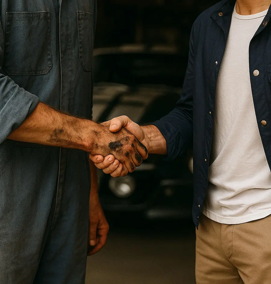 Een garagist schudt de hand van een freelance copywriter in een garage.