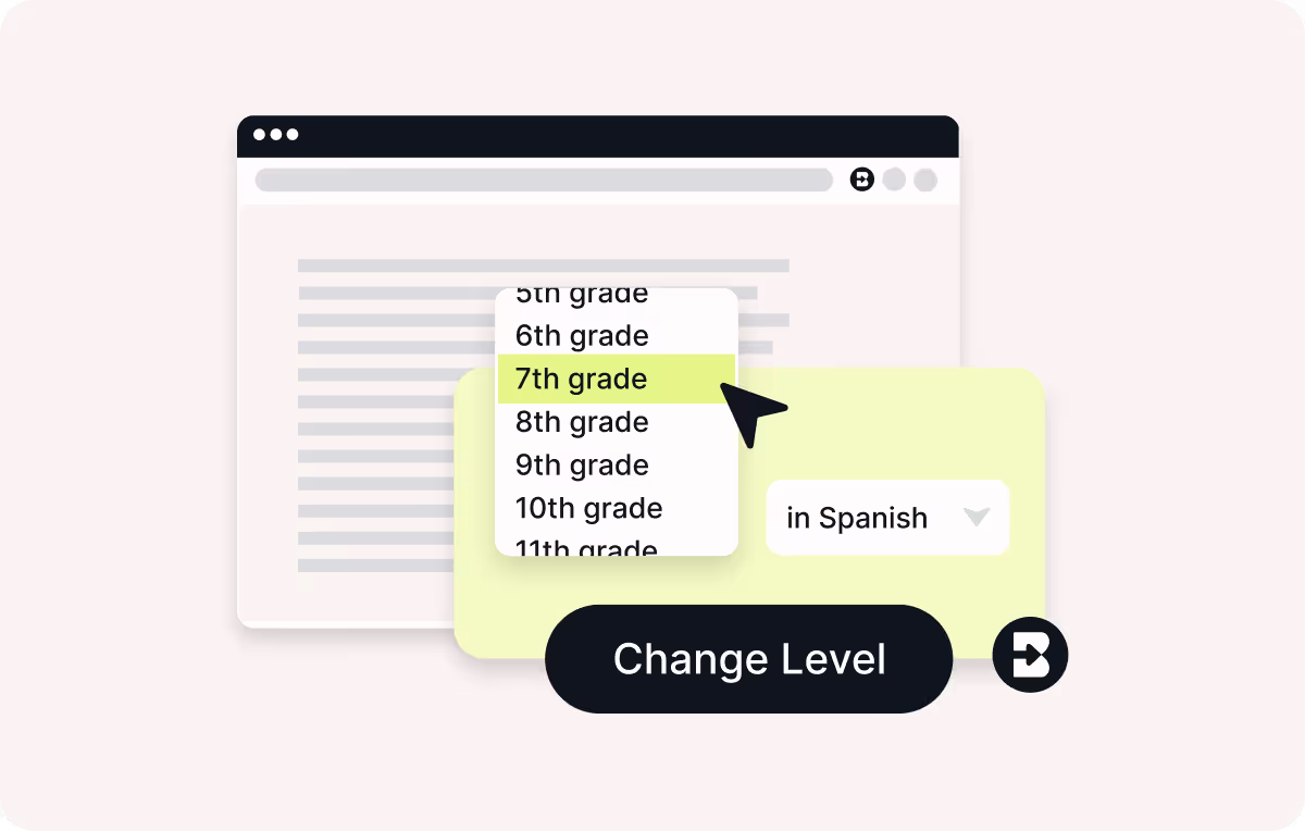Browser window showing a drop-down menu with grade levels and a language selection with a button  'Change Level'.