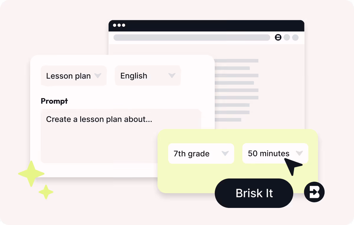 User interface showing selections for creating a lesson plan in English for 7th grade lasting 50 minutes, with a button labeled 'Brisk It'.
