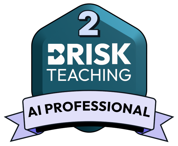 Logo with text '2 Brisk Teaching AI Professional' on a blue hexagonal background with colorful star accents.