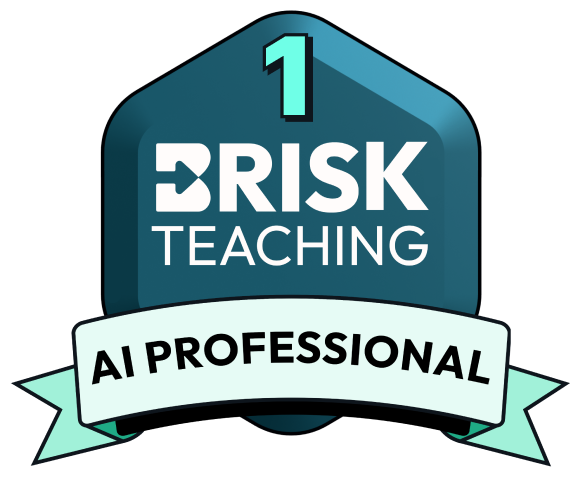 Badge with blue hexagon background, text 'BRISK TEACHING' and a ribbon below reading 'AI PROFESSIONAL', decorated with colorful stars.