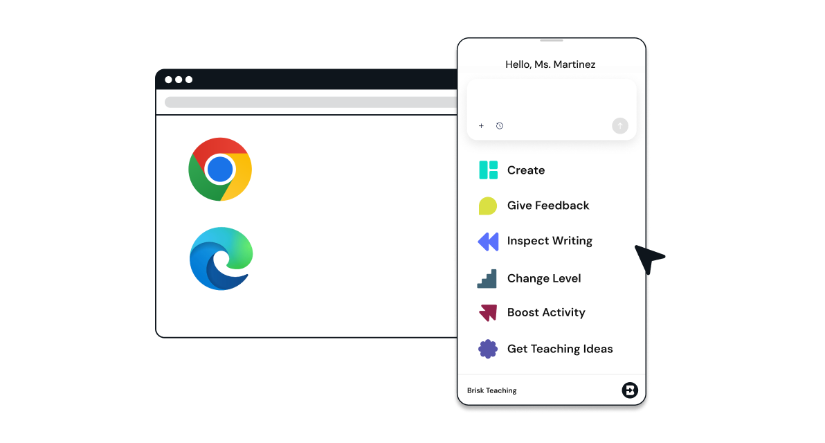 Illustration of a browser window with a paused YouTube video and a BRISK Educator Pro menu showing options: Create, Inspect, Boost Student Activity, Give Feedback, Change Level, and a search bar for next level ideas.