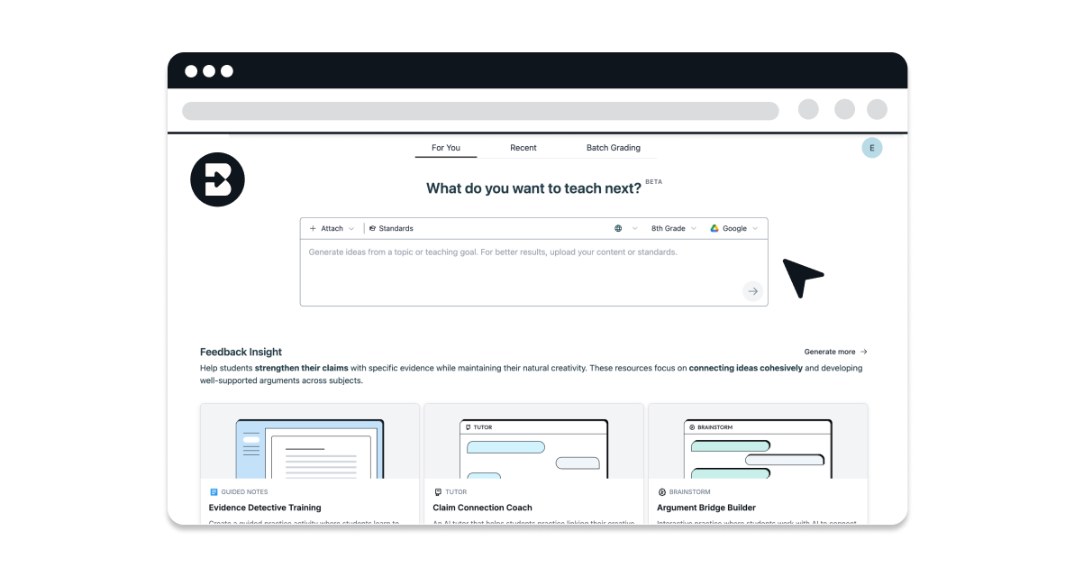 User interface showing a search bar with 'Look for next level ideas' and three selectable content cards, one highlighted with a cursor, labeled 'Brisk Next'.