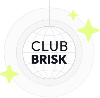 Circular gray logo with a globe outline in the center and the text 'CLUB BRISK' with yellow sparkle stars around it.