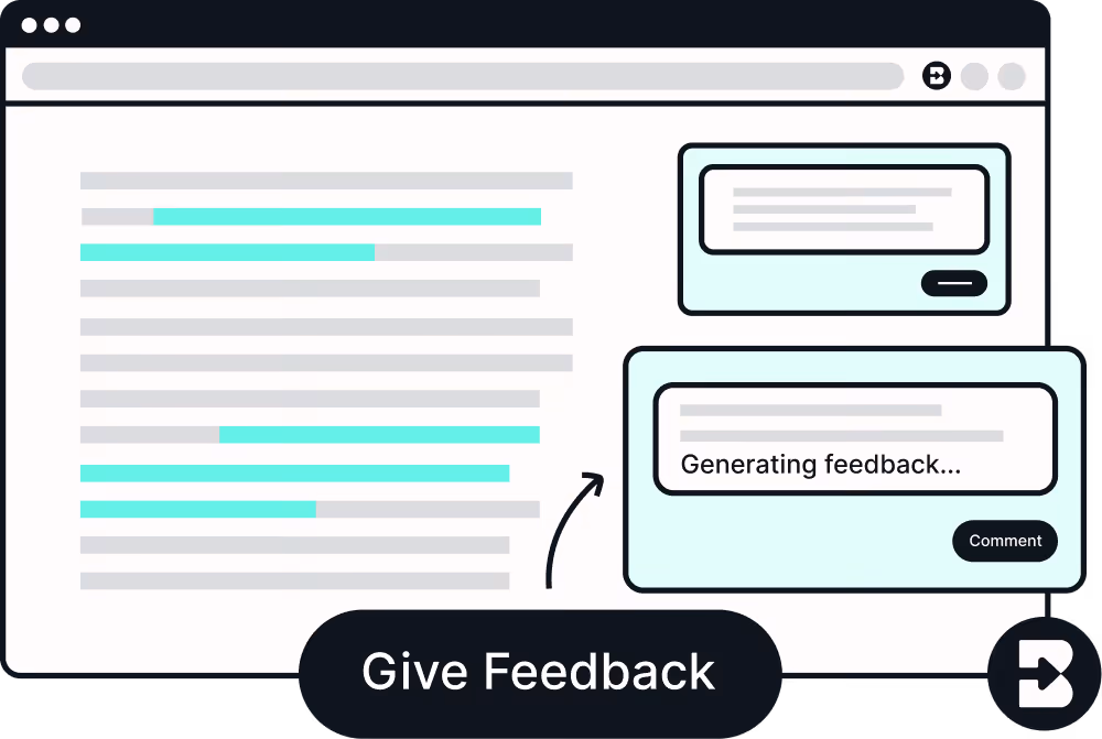 Browser window showing a feedback interface with highlighted text on the left and comment boxes on the right, one displaying 'Generating feedback...'.