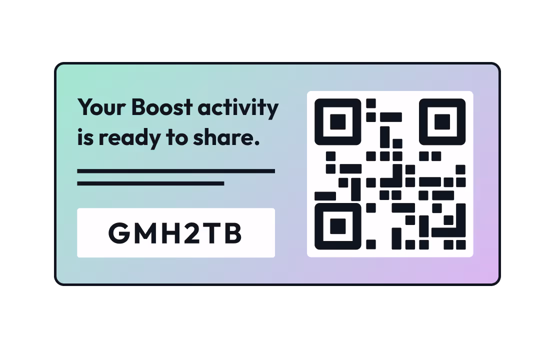 Card with text 'Your Boost activity is ready to share' alongside a QR code and code GMH2TB on a gradient background.