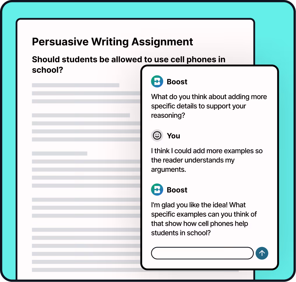 Screenshot of a persuasive writing assignment titled 'Should students be allowed to use cell phones in school?' with a sidebar chat between Boost and You discussing adding specific details and examples to support the argument.