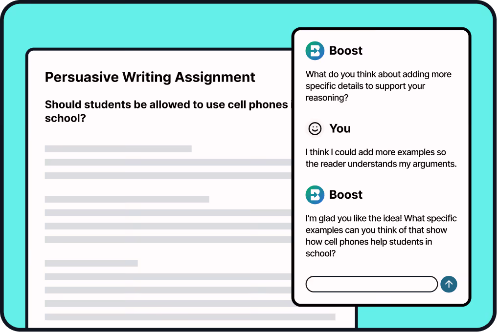Screenshot of a persuasive writing assignment titled 'Should students be allowed to use cell phones in school?' with a sidebar chat between Boost and You discussing adding specific details and examples to support the argument.