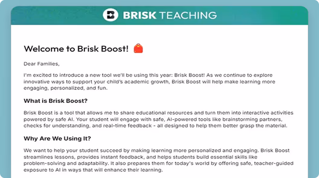 Brisk Teaching welcome letter introducing Brisk Boost, an AI-powered educational tool for personalized, engaging learning.