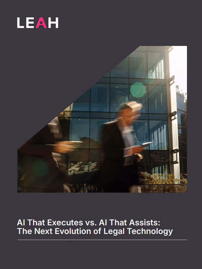 Blurred business professionals walking outside modern glass building with text about AI's evolution in legal technology.