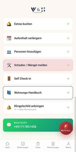 Work&Stay App – Self-Service-Menü