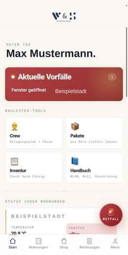 Work&Stay App – Start-Dashboard