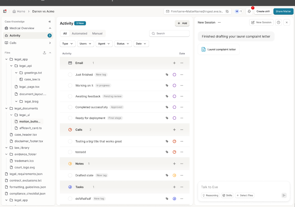 Unified case activity grouped by emails, calls, notes, and tasks