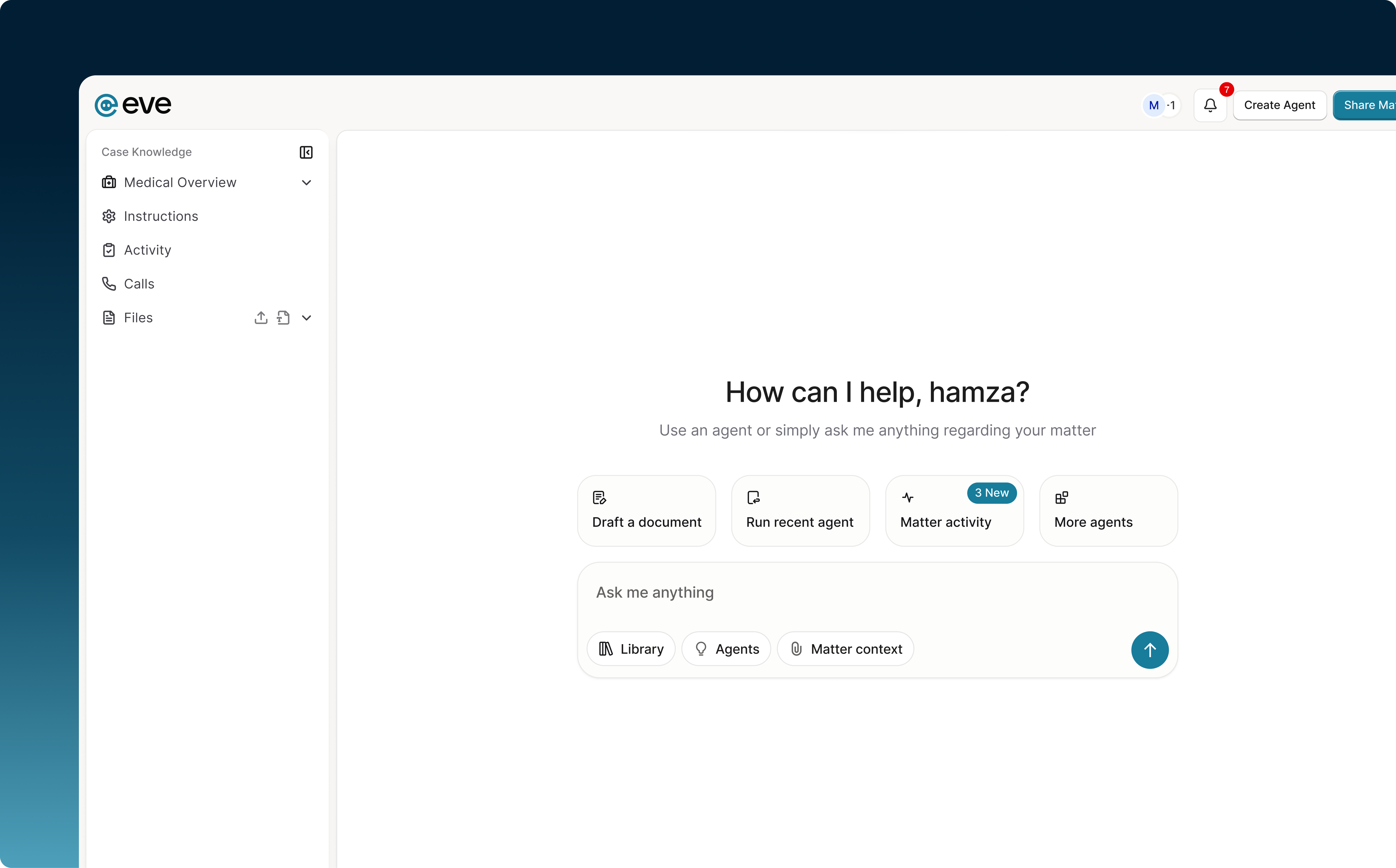 Eve — the AI operating system for plaintiff law. Hamza Shaikh, founding product designer.