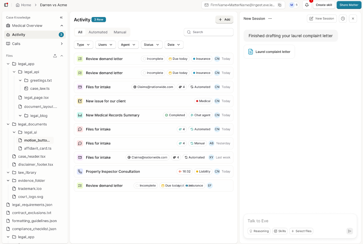 Matter activity feed — the single chronological record of a case