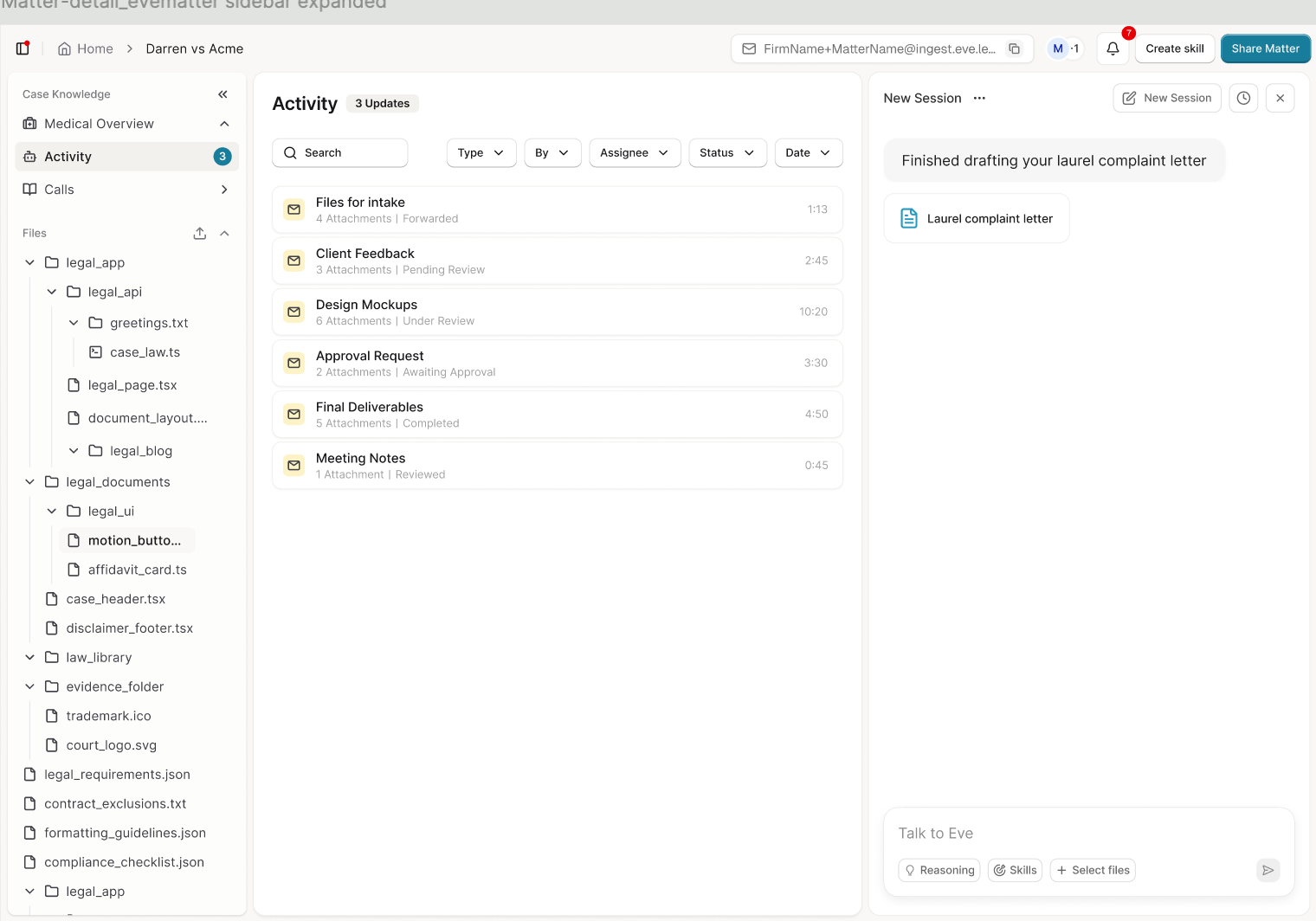 Email intake pipeline — attachments from forwarded to filed, with review states