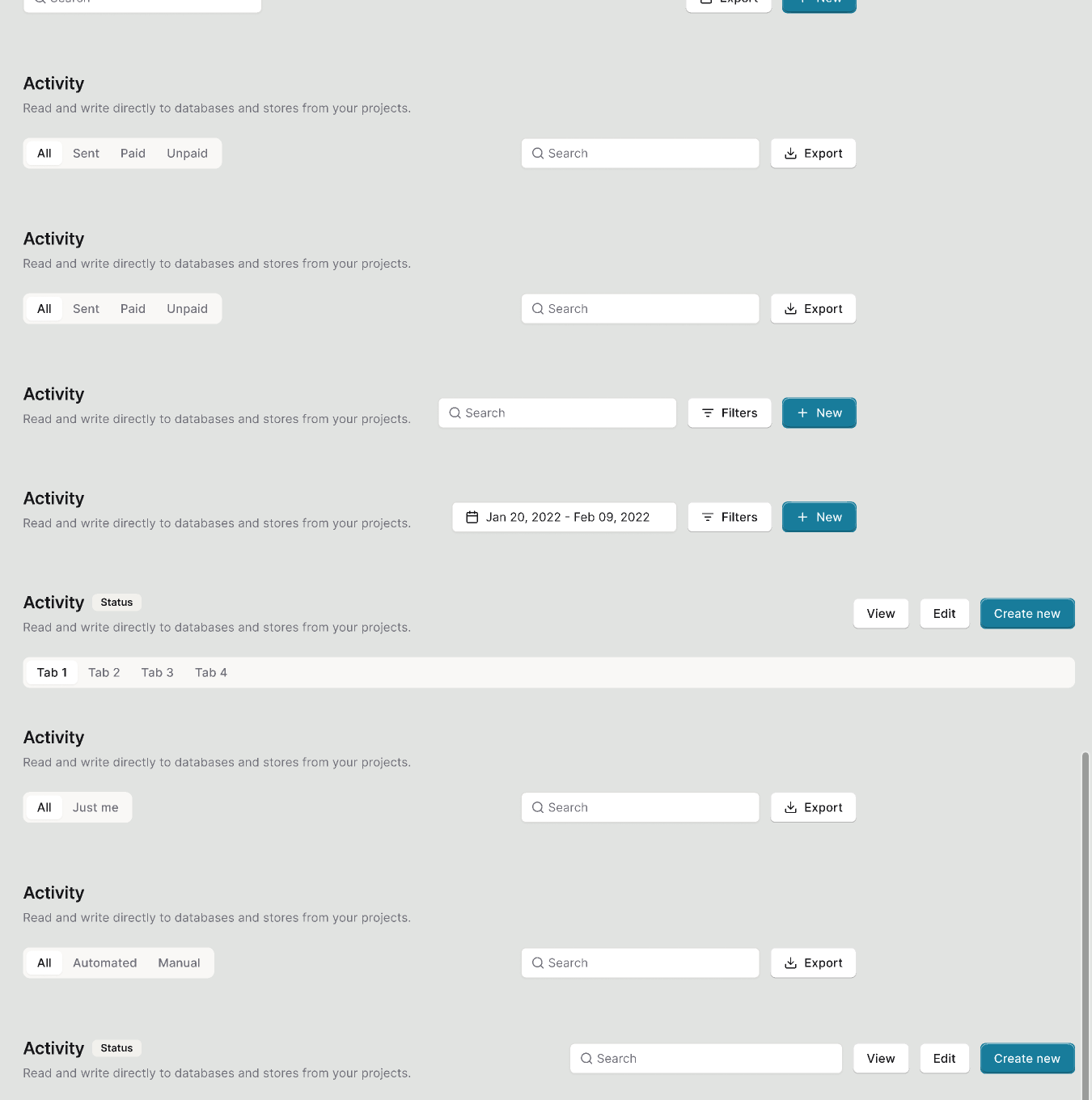 Low-fidelity explorations of the activity header