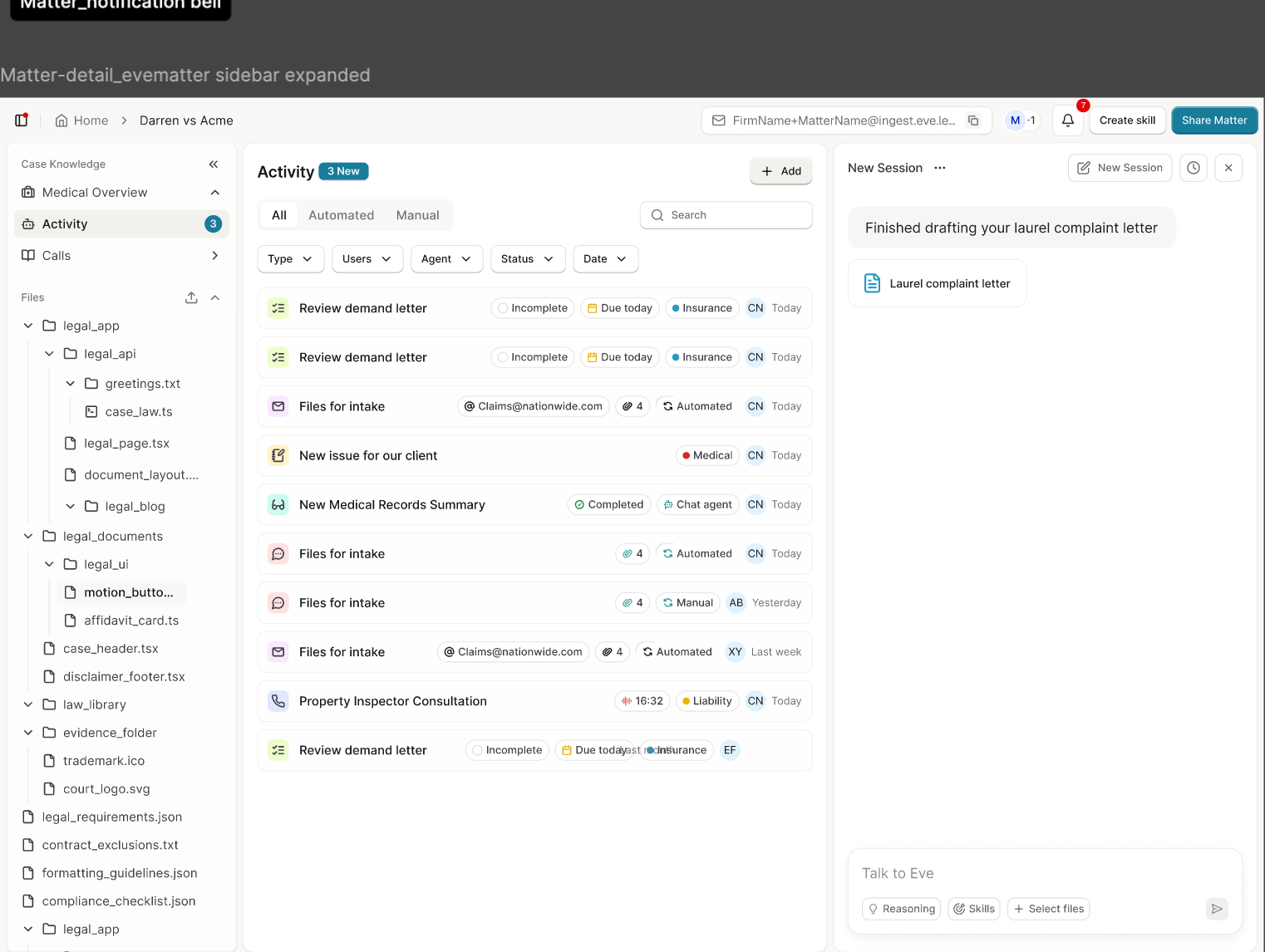 Final matter activity with automated email filing