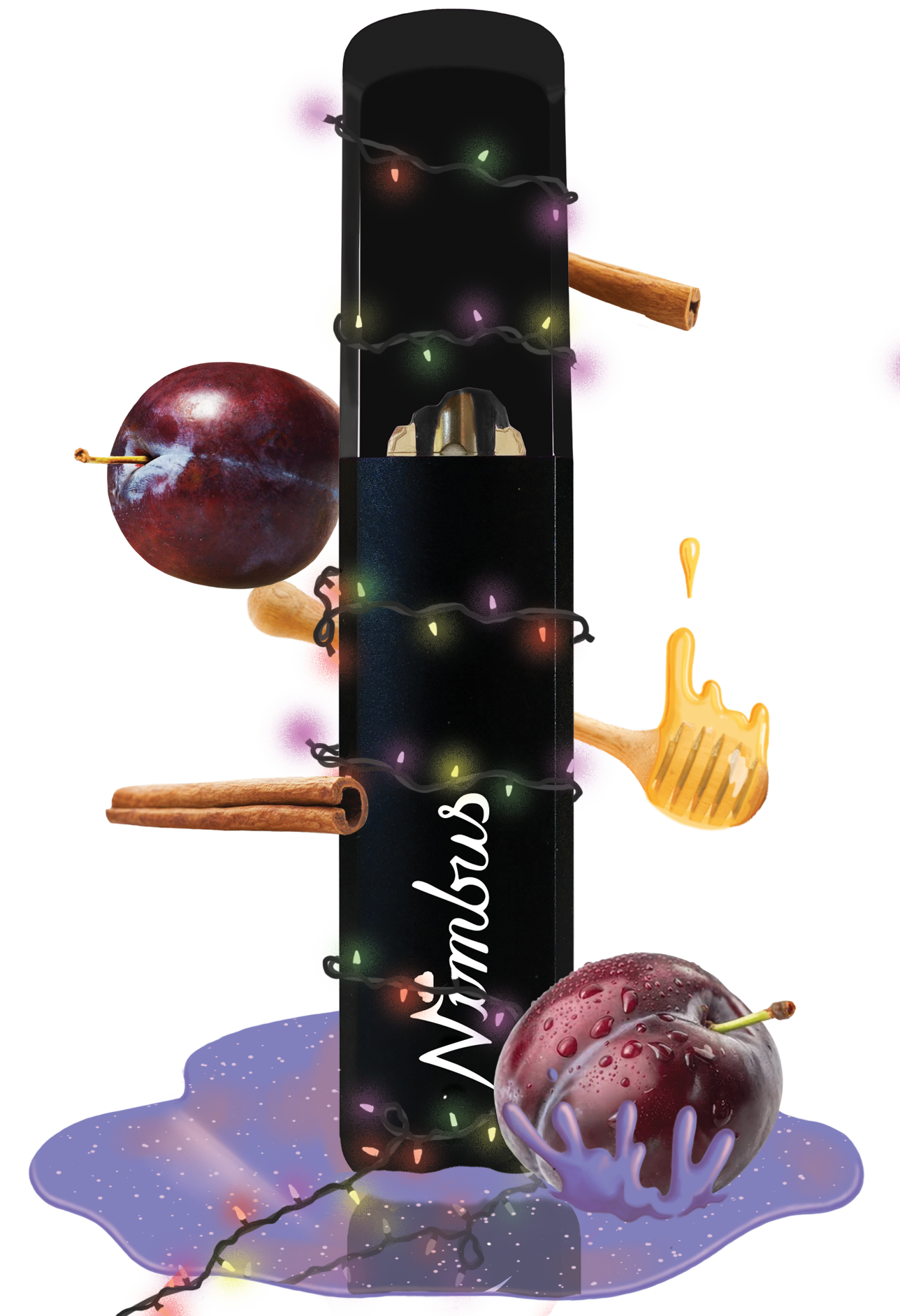 Sugah Plum vape with honey, plums and cinnamon falling around it.