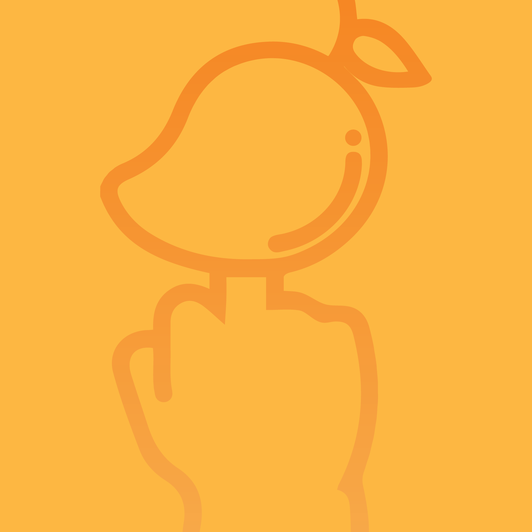 Simple orange line drawing of a hand holding a mango with a leaf on an orange background.