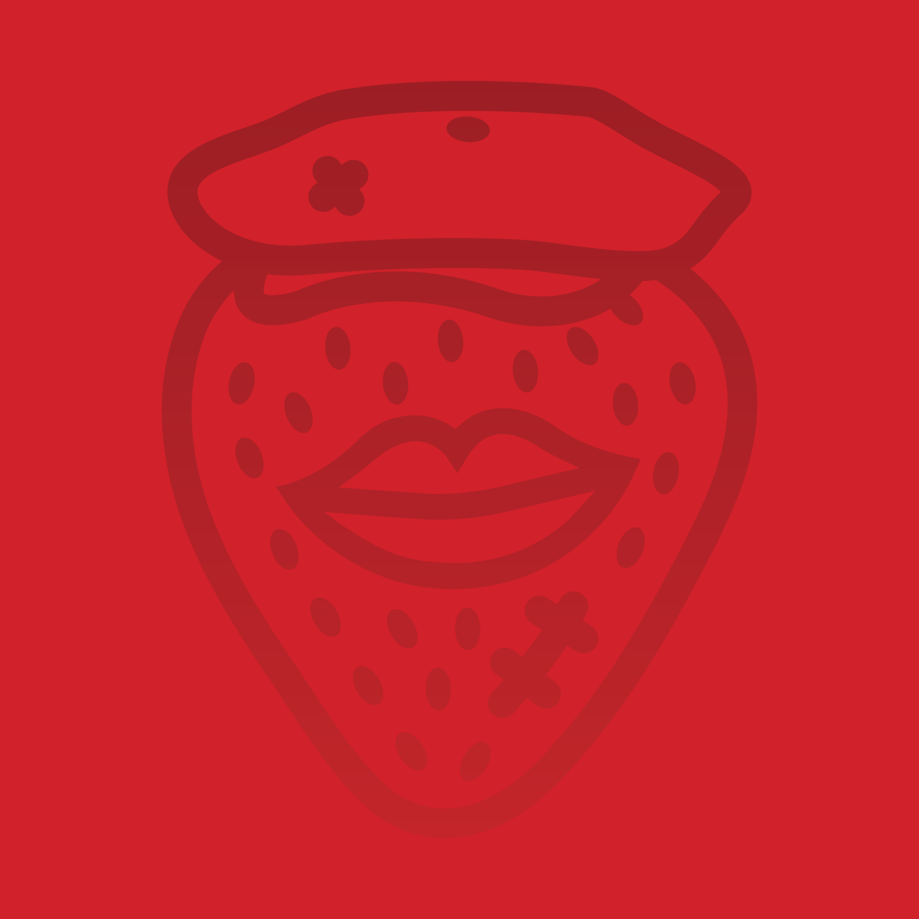 Stylized strawberry with lips and a beret on a red background.
