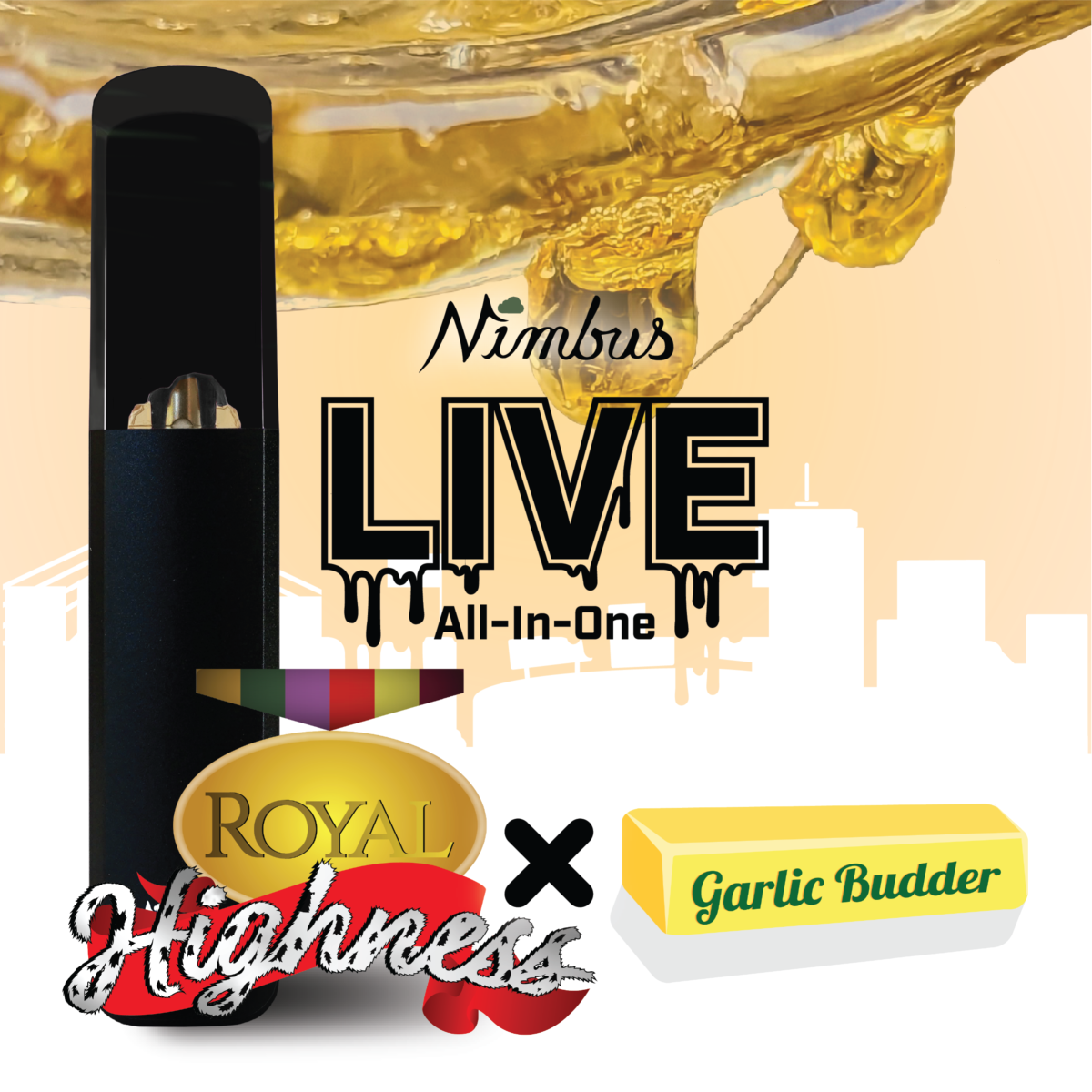 Royal Highness x Garlic Butter is perfect for those looking to feel like a queen or king. This live resin combines Royal Highness's piney, orange-like flavor with the cheesy, garlic-tasting notes of Garlic Butter. Inhaling it gives you the feeling of euphoria, putting you high in a castle looking over your domain.