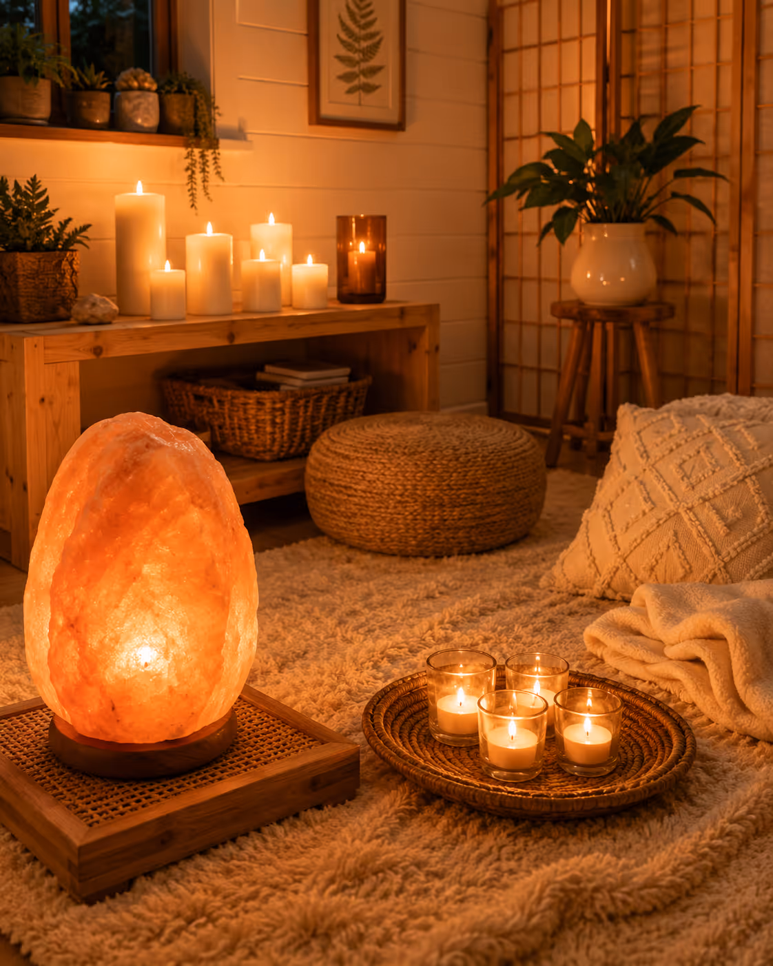 Cozy boho relaxation corner with lit candles, Himalayan salt lamp, woven pouf, blanket, and plants.