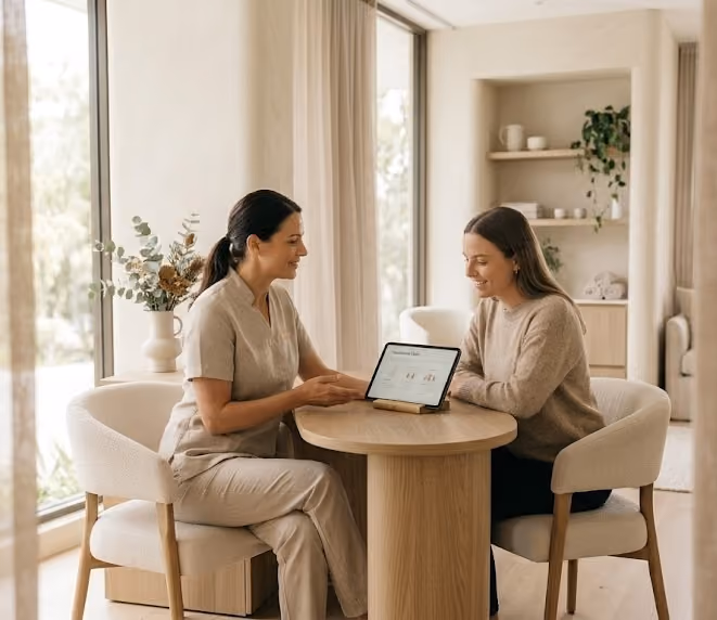 A healthcare provider and a patient sit across from each other at a round wooden table in a bright, modern wellness clinic. The provider, wearing beige scrubs, gestures toward a tablet propped on a stand displaying a treatment plan. The patient listens and smiles warmly. The space features a clean, premium spa aesthetic with large windows, sheer linen curtains, neutral cream tones, and minimalist wooden décor.
