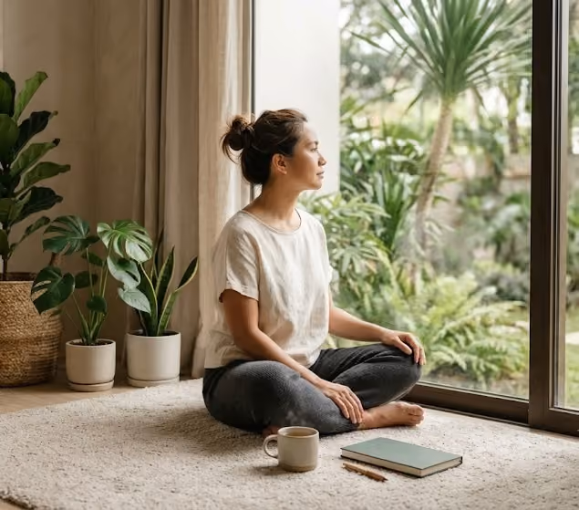 Green sofa with cushions and a decorative pillow in a cozy room with large windows and plants.