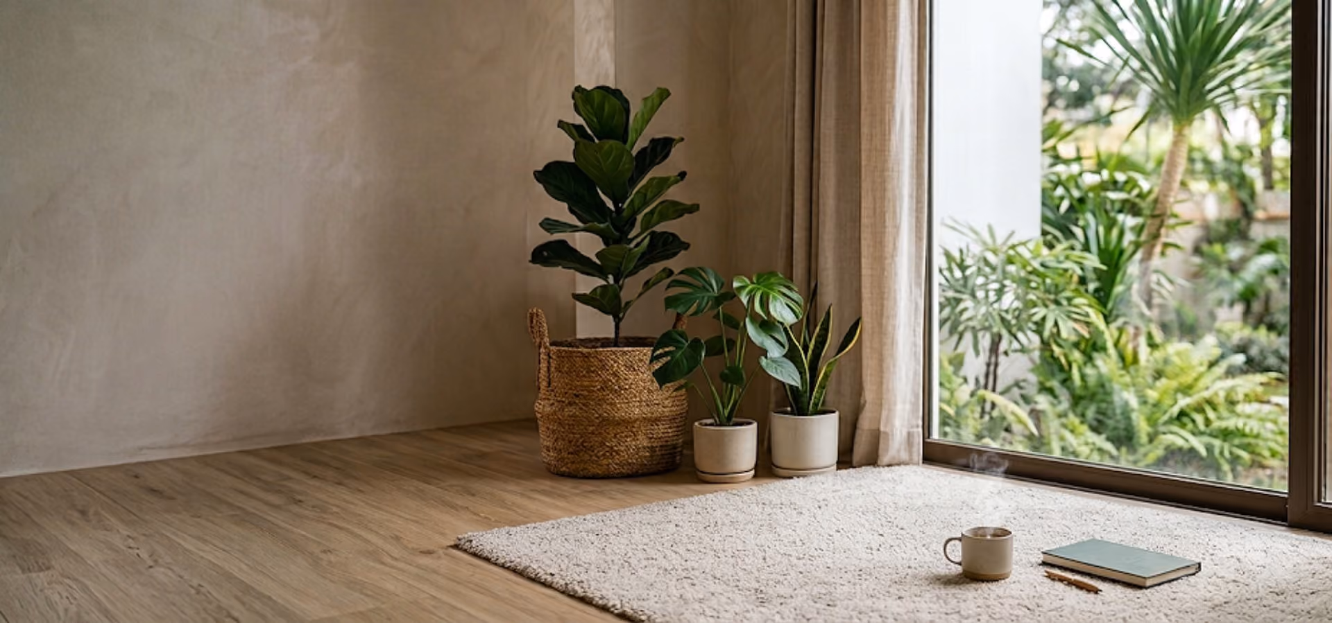 A high-resolution, wide-angle background image of a minimalist, sunlit living room looking out into a lush green garden through a large glass sliding door. The clean contemporary space features light hardwood floors, textured beige walls, cream linen curtains, and a plush area rug. Potted indoor plants, including a tall fiddle-leaf fig in a woven basket, are nestled near the window. A steaming ceramic mug of tea and a closed green journal rest on the rug, with ample empty negative space on the left side of the frame for text overlay.
