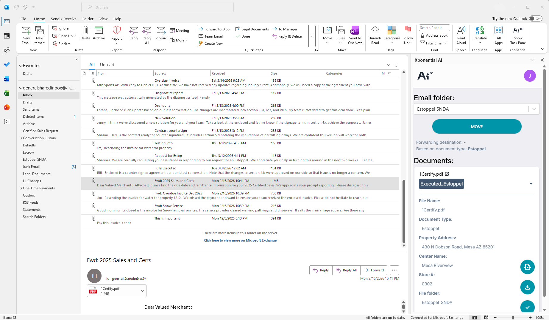 Microsoft Outlook inbox with emails listed including 'Fwd: 2025 Sales and Certs' email selected, and a pane on the right showing document details for Executed_Estoppel PDF.